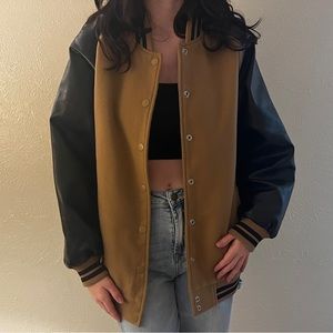 oversized tan varsity jacket